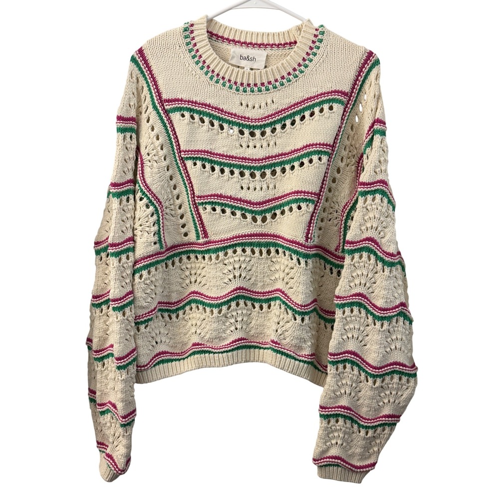 BA&SH Size 2 US M Cream Pink Green Striped Pointelle Chunky Knit Cotton Sweater